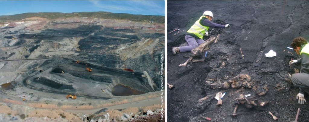 Panorámica del yacimiento Mina Santa María en Ariño (Teruel, España) y excavación de un esqueleto del dinosaurio ornitópodo Proa valdearinnoensis en el mismo yacimiento.