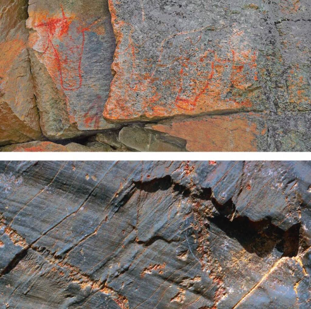 Una del las técnicas de grabado consiste en extraer una parte de la materia prima del soporte por arrastre del buril o golpeteo del percutor. Arriba, toros piqueteados con la línea pintada de Faia, Côa, Portugal; abajo, caballo piqueteado con la línea pintada, de Siega Verde, Salamanca.