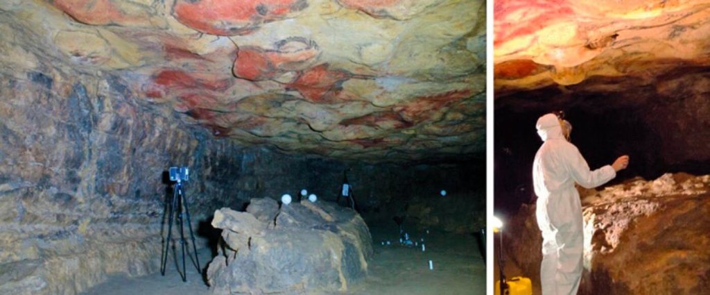Fotografías que muestran los trabajos de conservación y restauración en el interior de la cueva.