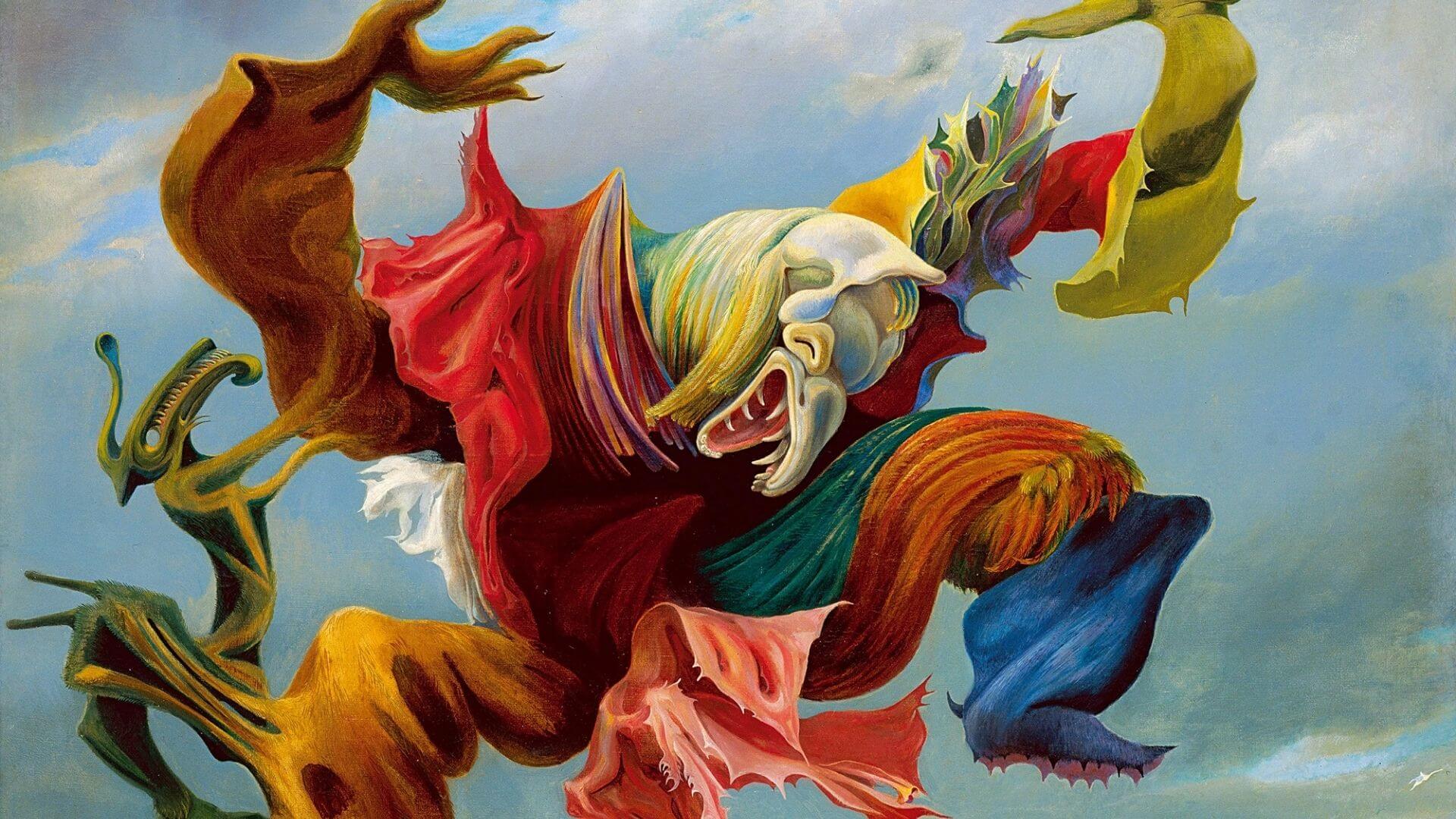 Max Ernst, una de las dos versiones de L’Ange du Foyer (El ángel del hogar), 1937. Óleo sobre lienzo, 112,5 x 144 cm. Colección privada.