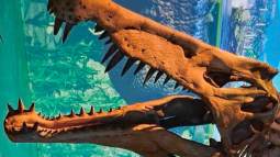 Sobre estas líneas, detalle del cráneo en una reconstrucción del esqueleto de Spinosaurus del Cretácico Superior de África. Destacan sus dientes largos y cónicos ideales para apresar a su principal alimento, los peces. Mar Jurásico en Dinópolis (Teruel, España).