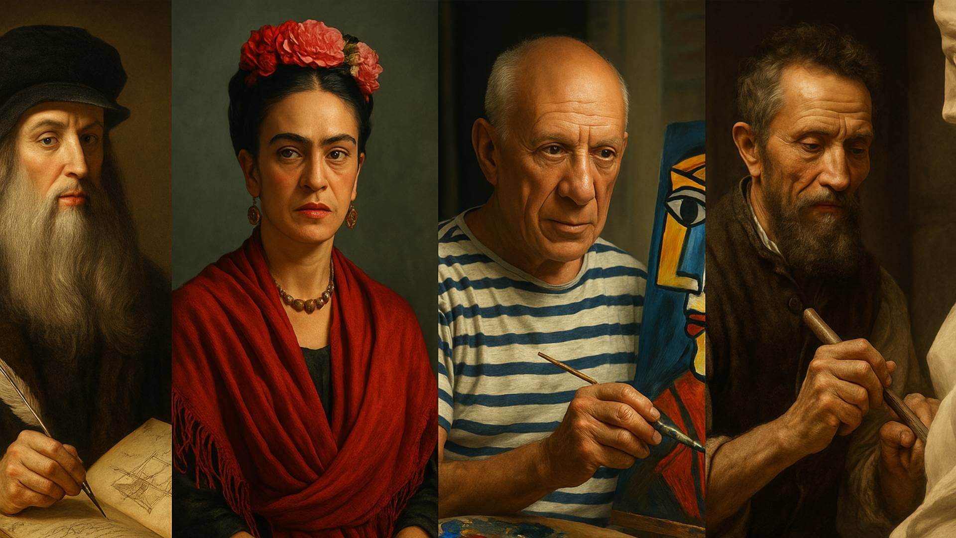 Grandes artistas en sus espacios de trabajo: Leonardo da Vinci dibujando planos con luz dorada, Frida Kahlo con un gesto introspectivo y fondo verde oscuro, Pablo Picasso pintando una obra cubista en un ambiente cálido y Michelangelo tallando mármol bajo luz tenue. La composición transmite distintas formas de creatividad —razón, emoción, rebeldía y perfección— con una iluminación cinematográfica y profundidad visual equilibrada.