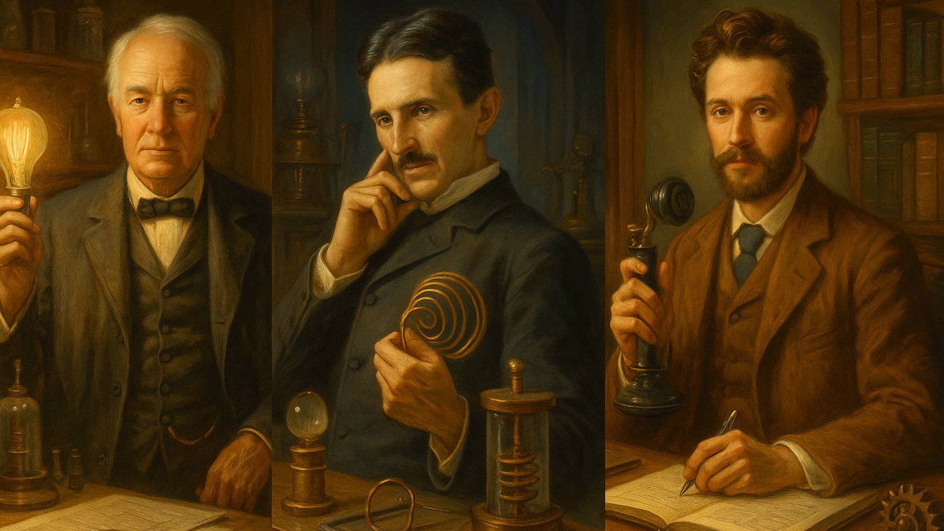 Tres inventores clásicos en sus talleres: Thomas Edison sosteniendo una bombilla encendida en un ambiente cálido y dorado, Nikola Tesla en el centro con una bobina eléctrica bajo luz azulada que evoca la energía de sus experimentos, y Alexander Graham Bell a la derecha, tomando notas junto a un teléfono antiguo y libros abiertos. La escena combina iluminación teatral y tonos terrosos, simbolizando la unión entre ingenio, ciencia y humanidad.