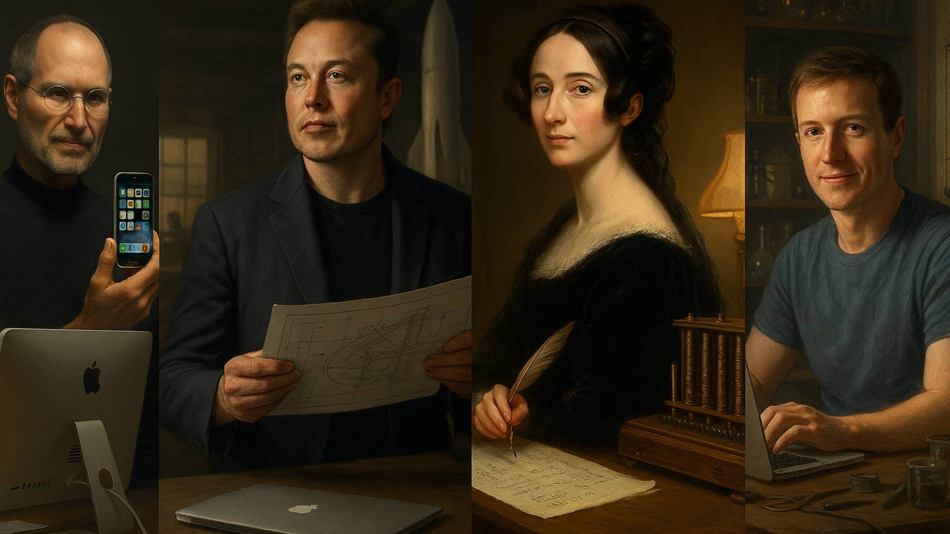 Cuatro figuras representando distintos arquetipos de genios tecnológicos: un diseñador sosteniendo un dispositivo elegante en un estudio minimalista, un ingeniero visionario analizando planos de un cohete, una pionera escribiendo cálculos junto a una máquina analítica, y un joven innovador trabajando en un laboratorio moderno. La iluminación es cálida y metálica, con tonos equilibrados que evocan la unión entre arte, ciencia y tecnología.