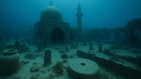 Recreación artística de los restos de la ciudad sumergida en el lago Issyk-Kul, con mezquitas, lápidas islámicas y un molino entre estructuras colapsadas, ahora cubiertas por sedimentos y vida marina