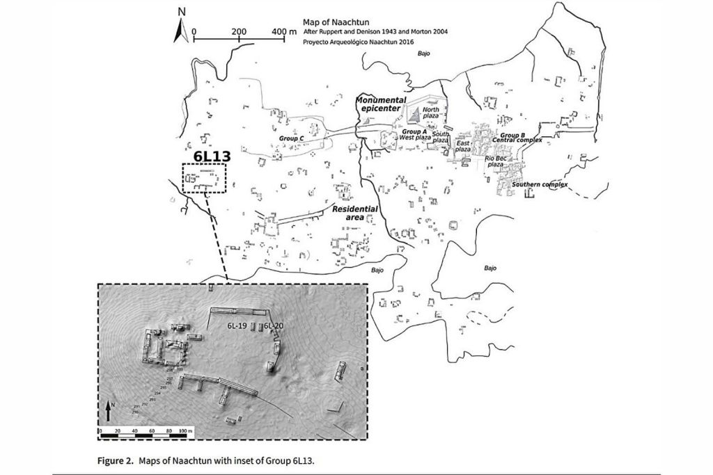Mapas del sitio de Naachtun con un recuadro detallado del Grupo 6L13