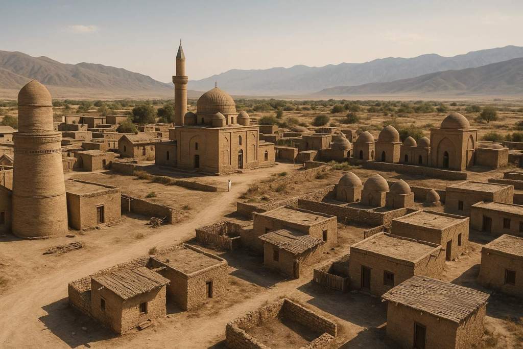 Recreación artística de cómo pudo lucir la ciudad medieval de Toru-Aygyr antes de ser sumergida bajo el lago Issyk-Kul