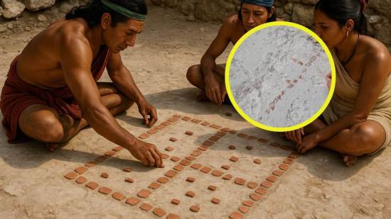 Detalle del tablero de patolli donde se aprecian las teselas conservadas y una propuesta de reconstrucción de su disposición original