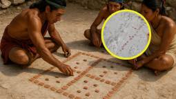 Detalle del tablero de patolli donde se aprecian las teselas conservadas y una propuesta de reconstrucción de su disposición original