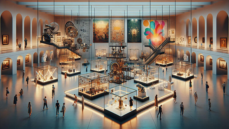 Una persona de espaldas observando una gran pintura abstracta y de colores vibrantes en la pared de un museo, con un pasillo y otras obras clásicas a la izquierda, simbolizando la experiencia de visitar un museo.