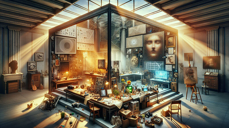 Un collage de imágenes que incluye un retrato cubista o abstracto (Picasso), una torre de diseño futurista, y un mural de arte callejero o graffiti, simbolizando un legado de revolución artística e innovación.