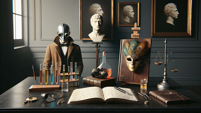 Bodegón de objetos artísticos en una mesa: un pincel, un tubo de pintura de colores intensos, una máscara de teatro con diseño de vanguardia y un bloque de arcilla o mármol a medio esculpir.