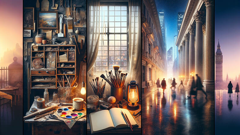 Mosaico de cuatro imágenes de diferentes entornos: un taller de pintura moderno con lienzos grandes, un paisaje urbano lleno de rascacielos, una calle antigua de una ciudad histórica y un estudio íntimo con luz tenue.