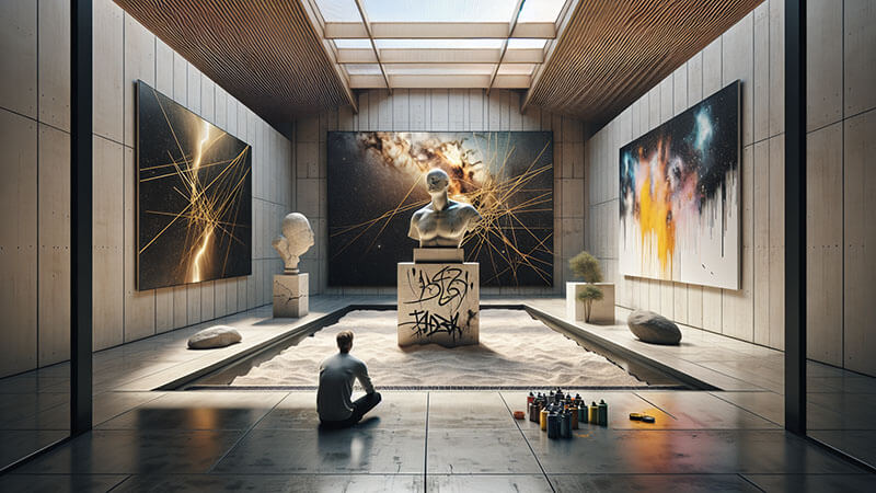 Un artista expresionista con un pincel en la mano, de pie junto a un lienzo con trazos gruesos y colores intensos, con una mirada desafiante, reflejando la rebeldía o la necesidad de autoexpresión.