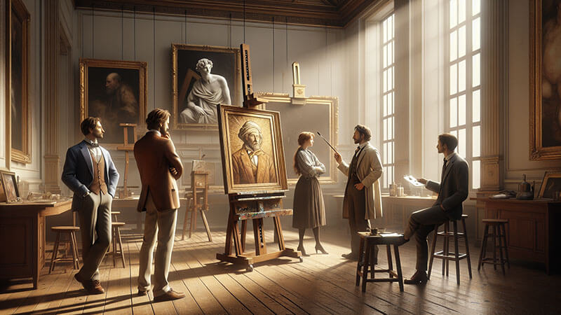 Un artista con ropa manchada de pintura, mirando con expresión de calma y concentración un boceto de su obra. El fondo muestra una superposición de personas que observan y juzgan, representando la indiferencia o el análisis ante la crítica.