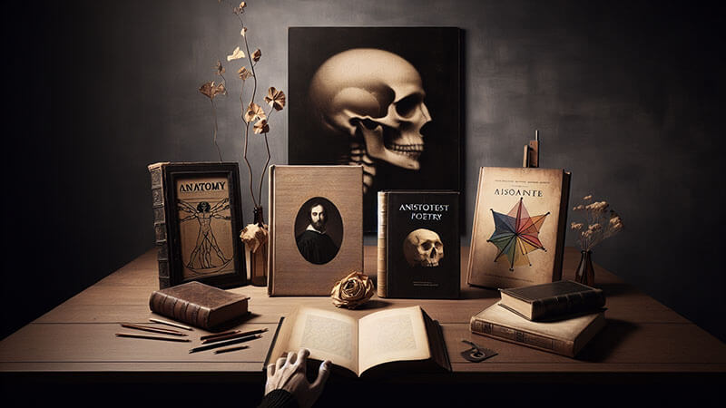 Una pila de libros de gran formato sobre una mesa: uno de anatomía, otro de arquitectura clásica, uno de un manifiesto de vanguardia con formas geométricas, y una revista moderna, representando las fuentes de conocimiento.