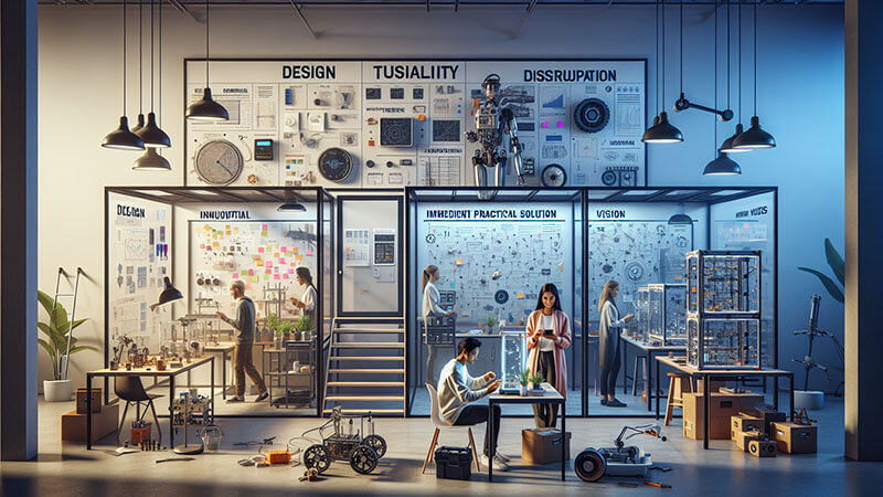 Panel de cuatro ilustraciones: un diseño elegante de smartphone (elegancia), un cohete despegando (transformación), un gráfico futurista de datos (visionario) y una placa de circuito resolviendo un problema (práctico).