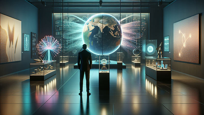Representación de tres legados: un objeto tecnológico elegante y artístico, un mapa de la Tierra con rutas espaciales superpuestas y una figura humana interactuando con un holograma de datos abstractos, simbolizando la huella en el futuro.