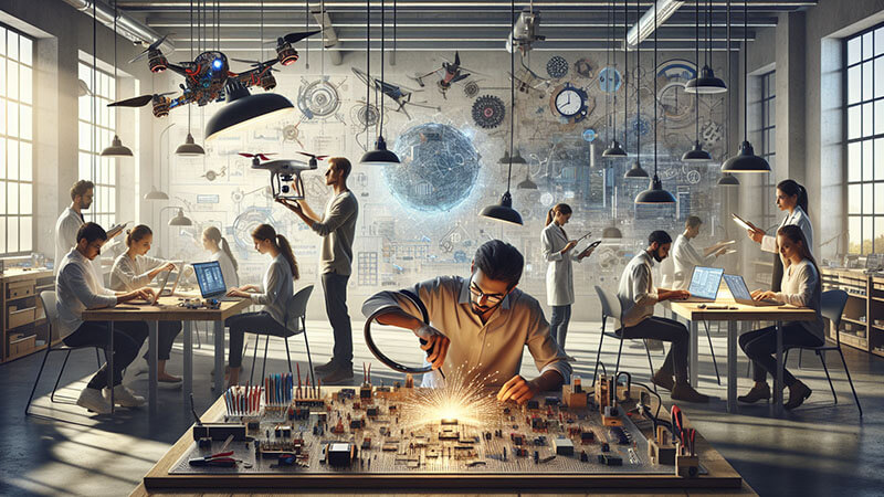 Un grupo de ingenieros y diseñadores colaborando y probando diseños de vehículos y pantallas táctiles, con un enfoque en la perfección del detalle y la búsqueda de soluciones creativas e imposibles.