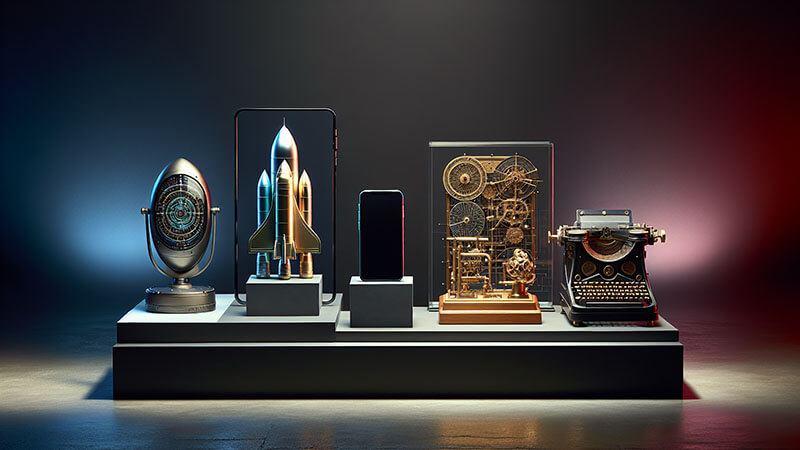 Tres objetos representativos de la tecnología: un elegante smartphone minimalista (diseño), un cohete espacial a punto de despegar (ambición), y una antigua máquina de cálculo o un cerebro mecánico (visión de futuro).