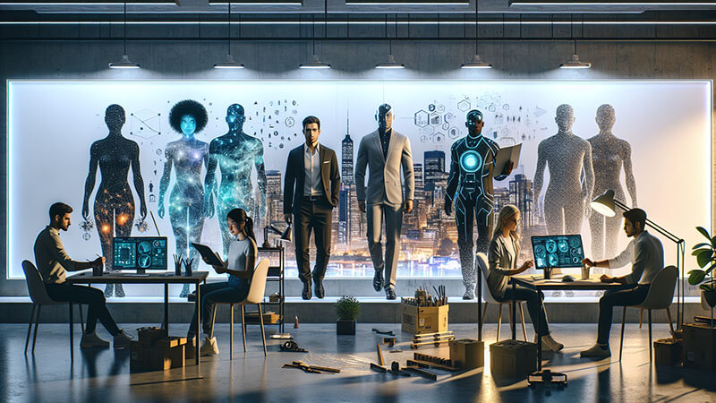 Cuatro palabras clave sobre un fondo de tecnología y circuitos: "Diseño" (creatividad), "Ambición" (riesgo), "Visión" (futuro) y "Cooperación" (práctica), representando los valores de un genio tecnológico.