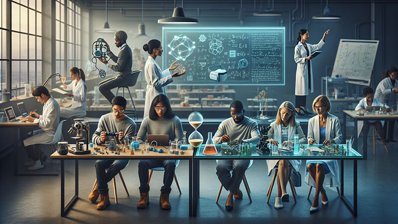 Tres imágenes distintas en un diseño circular: un hombre interactuando con una interfaz de realidad virtual, un mapa de la Tierra desde el espacio y un científico investigando un diseño complejo de circuito, ilustrando distintas formas de aprender.