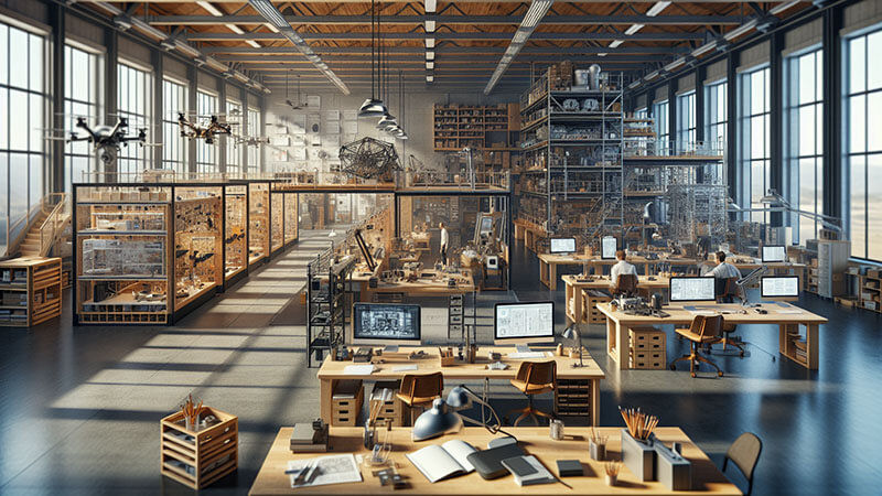 Mosaico de cuatro ambientes: un estudio de diseño limpio y minimalista, un hangar de pruebas de prototipos espaciales, un escritorio con libros antiguos y documentos de programación, y un laboratorio moderno.