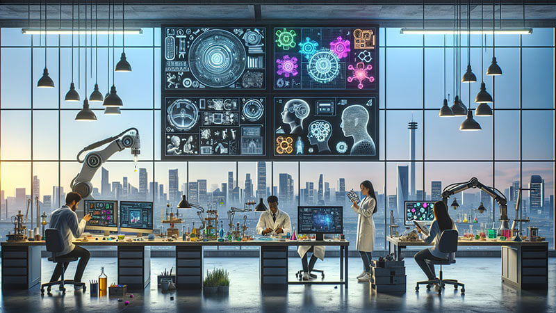 Cuatro figuras humanas con la cabeza iluminada, rodeadas de frases que representan diferentes filosofías sobre la tecnología, el diseño, la construcción del futuro y el valor del conocimiento compartido.