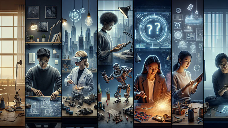 Un producto tecnológico icónico (como un ordenador o teléfono), un cohete despegando, una representación abstracta de un algoritmo complejo y una mano usando una interfaz digital, ilustrando diferentes tipos de disfrute en la creación.