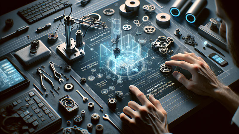 Tres representaciones de enfoques creativos: una mano ensamblando un prototipo (objeto real), un rayo de energía (ciencia ficción) y una línea que conecta a dos personas (comunicación).