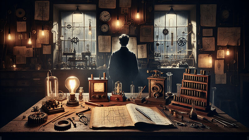 Una figura sombreada mirando una pared sobre la que se proyectan palabras clave de grandes inventores: "99% de Transpiración" (Edison), "El Futuro es Mío" (Tesla) y "Gran Descubrimiento es Hablar Lejos" (Bell).