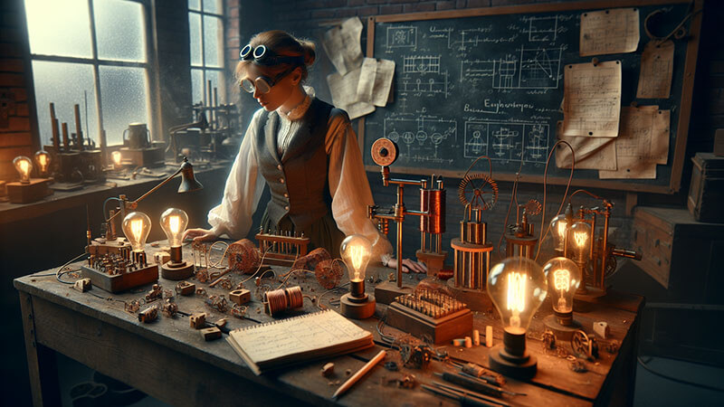 Un inventor con lentes de protección en un taller, manipulando una máquina compleja llena de cables y engranajes, con el suelo lleno de piezas fallidas, ilustrando el proceso de insistencia y mejora.