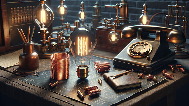 Bodegón que incluye un foco de bombilla antigua encendido (Edison), una bobina de inducción (Tesla), un teléfono de magneto antiguo (Bell) y un cuaderno con fórmulas escritas a mano (apuntes).