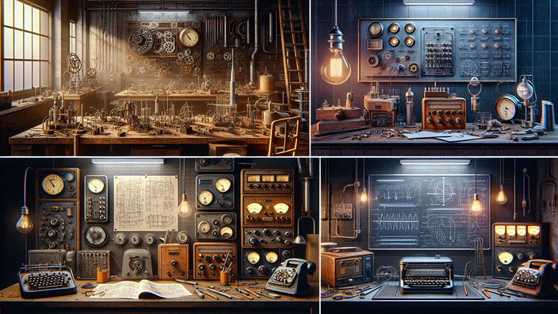 Mosaico de cuatro imágenes: un taller con herramientas y cables, un laboratorio con un aparato eléctrico chispeando, una cabina de comunicación o teléfono, y un aula o auditorio con una pizarra.