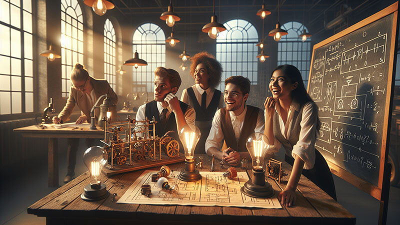 Un hombre con traje de época con la mano levantada cerca de una bobina que emite electricidad, con un foco en su rostro que irradia asombro y emoción por el descubrimiento científico.