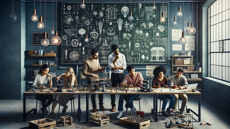 Una persona explicando un esquema de ingeniería en una pizarra a un grupo de personas, mientras otras trabajan en un prototipo en la mesa, ilustrando el acto de compartir ideas y el aprendizaje conjunto.