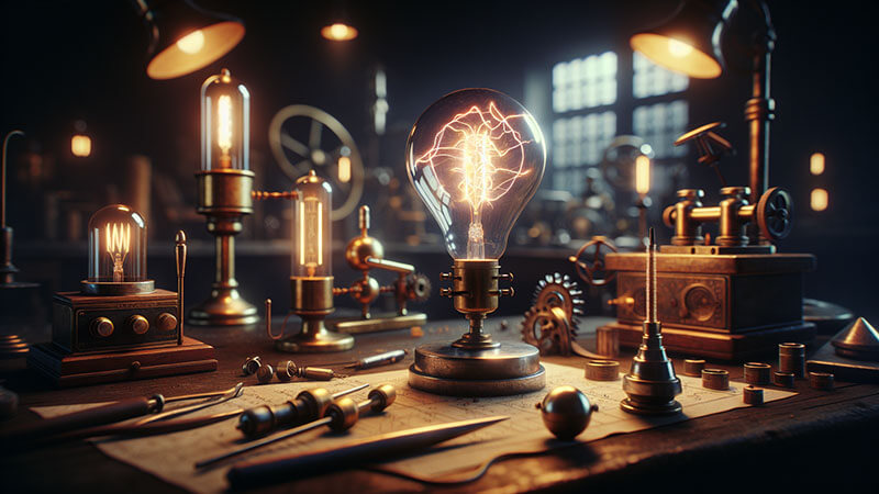Tres objetos simbólicos: una bombilla que ilumina (luz), una campana antigua de llamada o timbre (comunicación) y un motor con engranajes visibles (mecanismo), sobre una mesa de madera oscura.