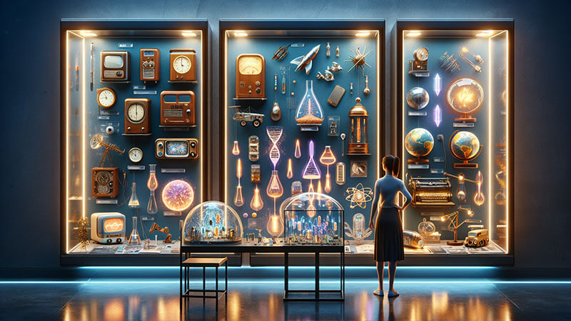 Un gran proyector antiguo (producto icónico), una figura abstracta que representa ideas flotando sobre la cabeza (ideas que cambian el mundo) y un circuito complejo conectando puntos (comunicación global).