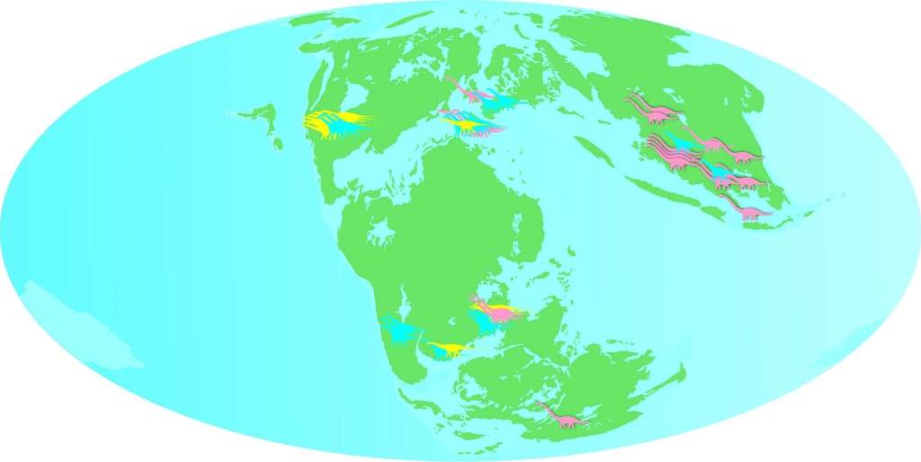 Distribución global de los principales linajes de saurópodos del Jurásico Superior según los registros fósiles disponibles.
Créditos: Scientific Reports.