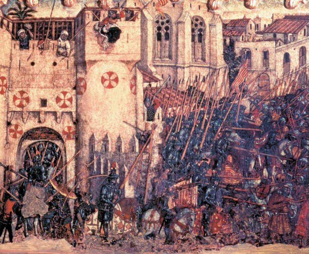 El rey aragonés Jaime I aumentó los dominios de sus reinos con la conquista de la isla balear (abajo); en su triunfo colaboró el Temple.