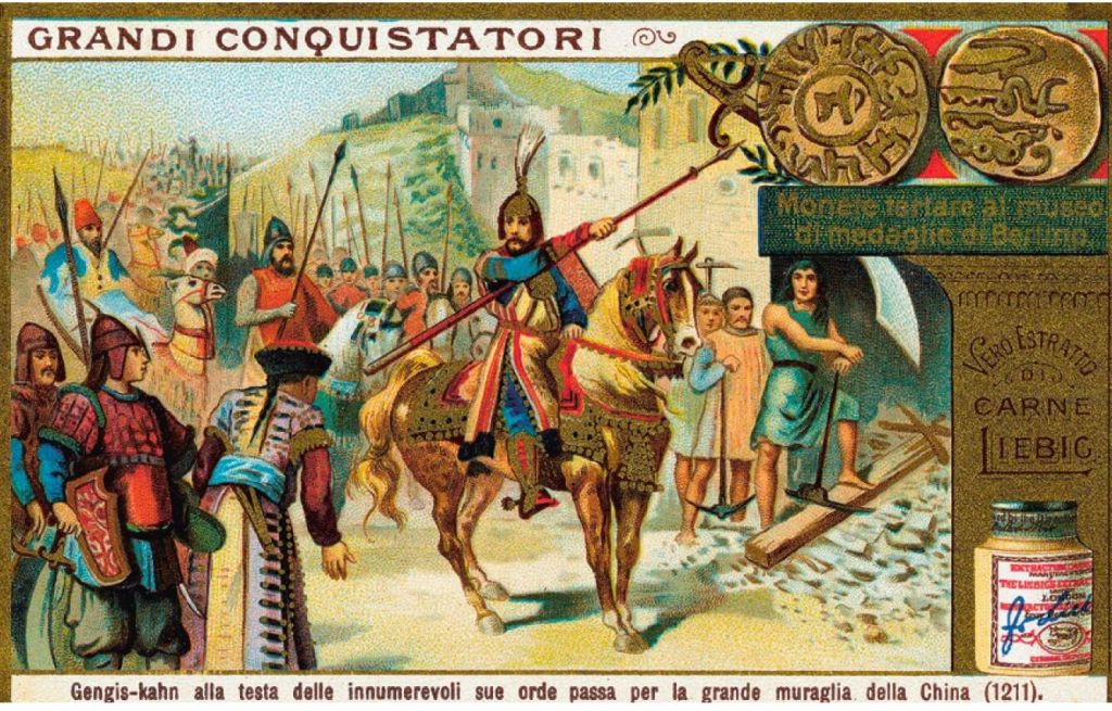 el caudillo Gengis Khan, fundador del Imperio mongol, atraviesa a caballo la Gran Muralla china.