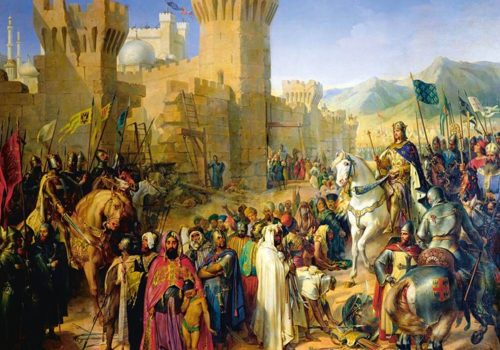 En la Tercera Cruzada, el 13 de julio de 1191, es conquistada del poder musulmán San Juan de Acre. Arriba, en la imagen, escena de la entrada a la ciudad de Acre de Felipe Augusto II de Francia y el rey inglés Ricardo Corazón de León.