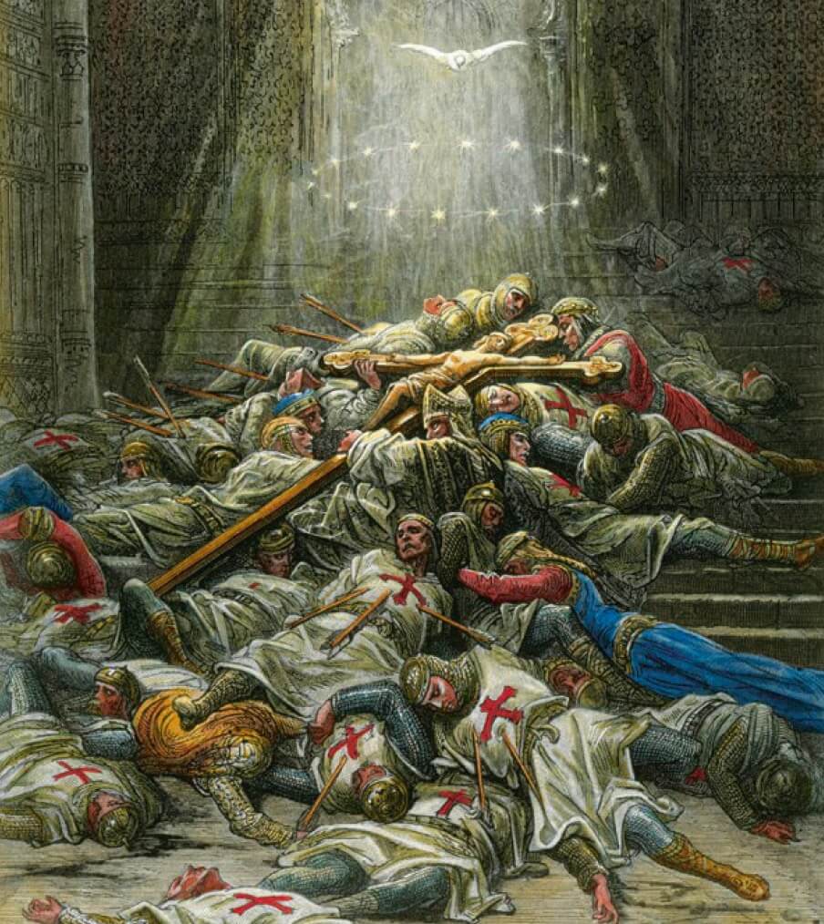 Al este del mar de Galilea se enfrentaron soldados del Temple y del Hospital contra el ejército de Saladino. Abajo, caballeros de la cruz derrotados en el campo de batalla, del que salieron triunfantes las espadas musulmanas.