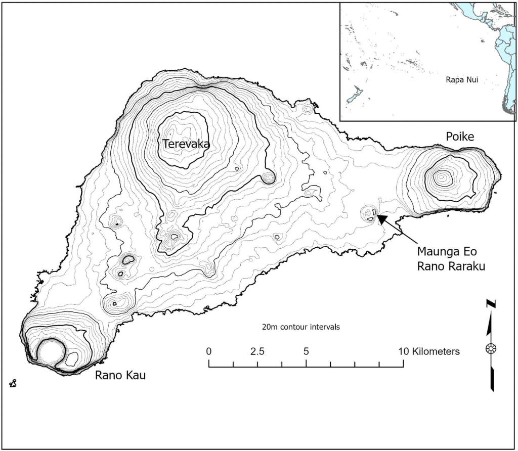 Mapa de Rapa Nui con la ubicación de Maunga Eo y la cantera de Rano Raraku, junto a su posición en el Pacífico sur. Crédito: PLOS ONE.