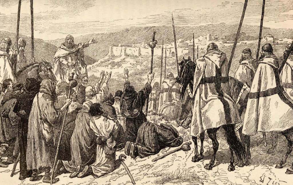 En la imagen, peregrinos frente a la Ciudad Santa, acompañados por caballeros templarios que los salvaguardaban en su peregrinaje.