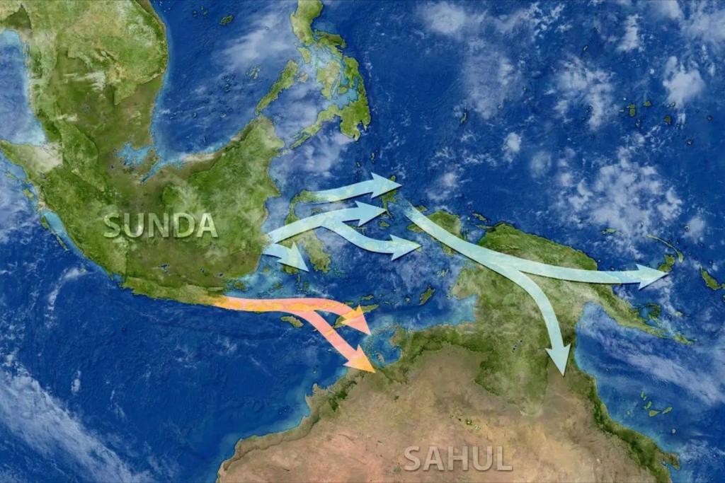 Un mapa que representa Sunda, Sahul y el Pacífico Occidental, con flechas que señalan las posibles rutas migratorias del norte y del sur propuestas a partir del análisis genético