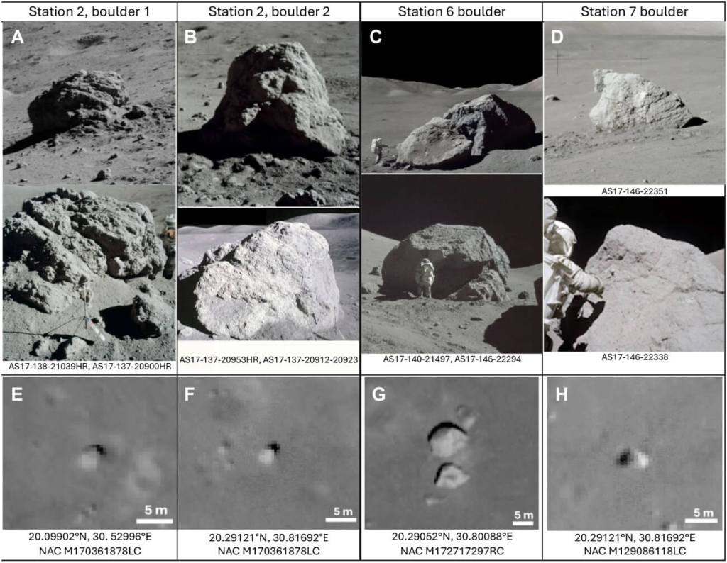 Rocas analizadas en el valle Taurus-Littrow, muestreadas por los astronautas del Apolo 17, cuya posición y caída ayudaron a reconstruir antiguos sismos lunares. Crédito: Science Advances.
